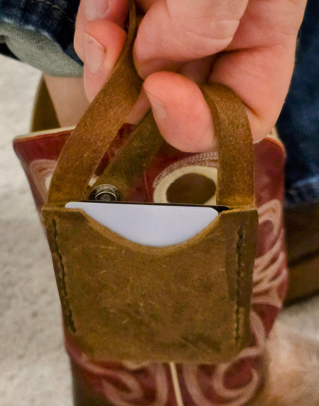 Handcrafted pull-up leather Spur Sleeve card holder designed for discreet boot carry, made by The Kilted Leatherworker