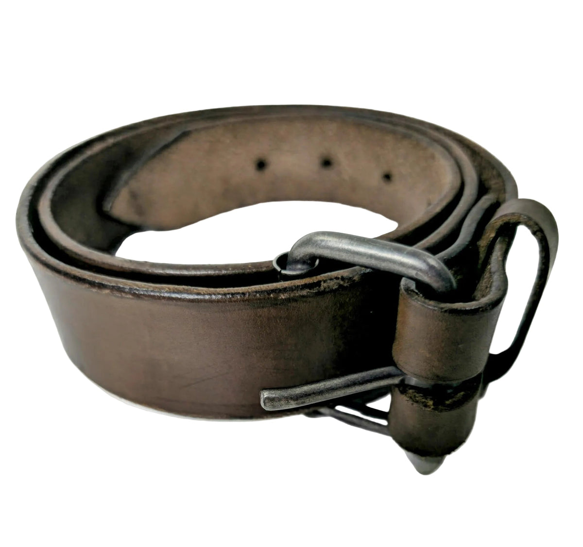 Chocolate brown full-grain leather belt with an antique brass buckle
