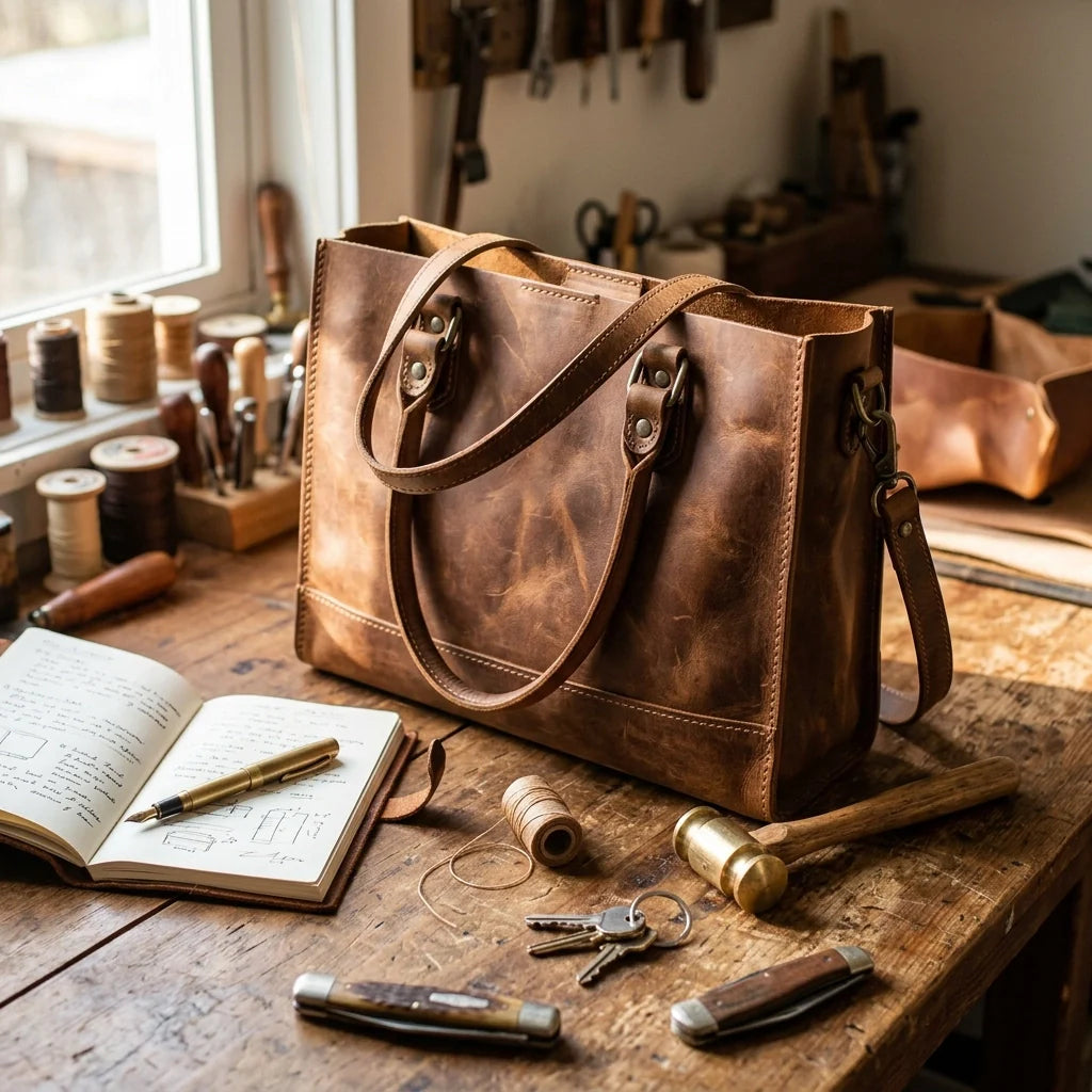 Flat lay of handcrafted leather goods by The Kilted Leatherworker including a belt pouch, journal cover, tote bag, and boot wallet on a rustic workshop surface