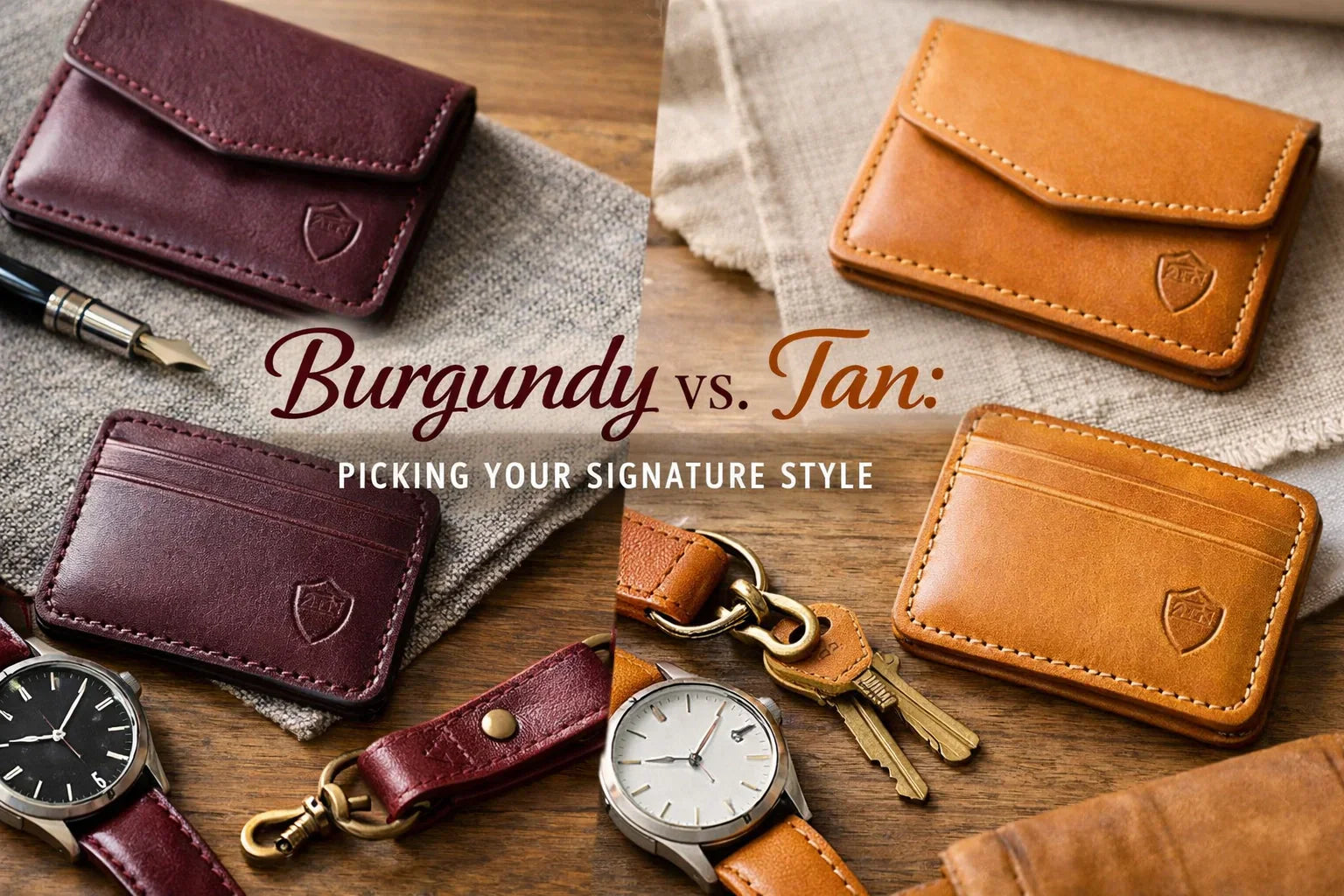 Burgundy wrinkle and distressed tan handcrafted leather goods by The Kilted Leatherworker
