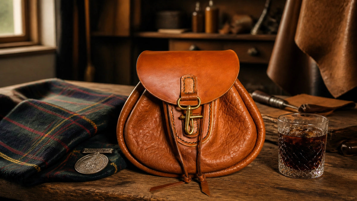 A handcrafted buffalo leather belt pouch (The Highland Nomad) sitting on a weathered rustic wooden table next to a folded tar