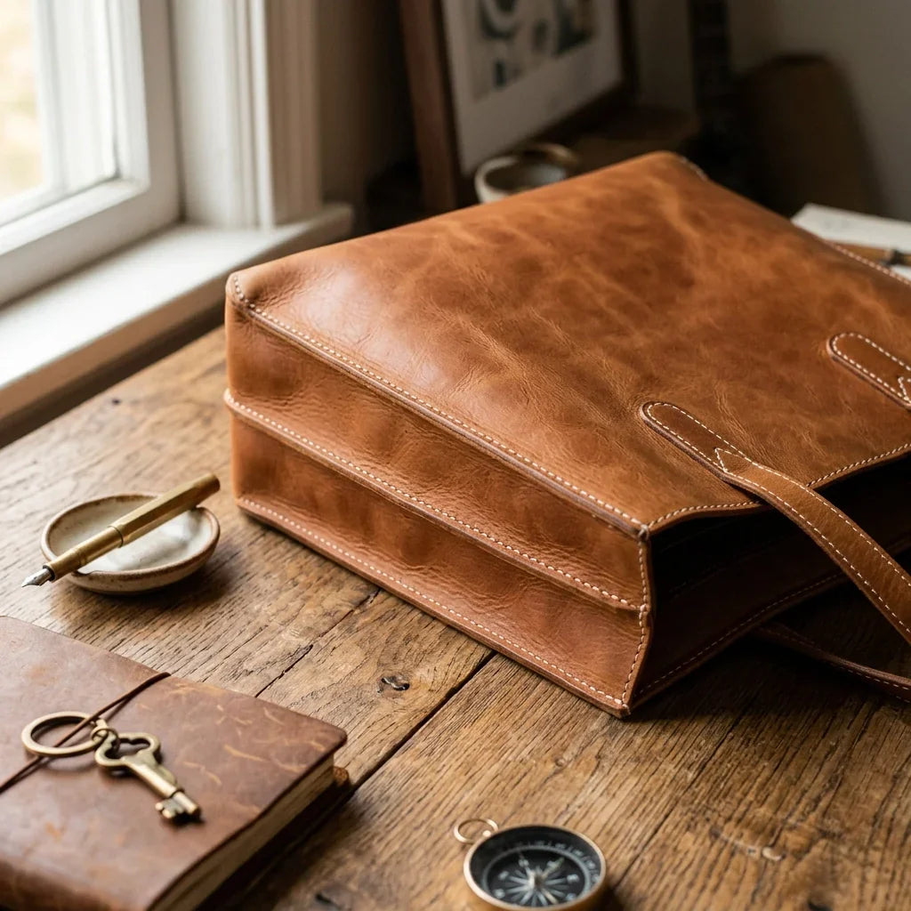 Structured full-grain leather tote bag with rustic silhouette, handcrafted by The Kilted Leatherworker