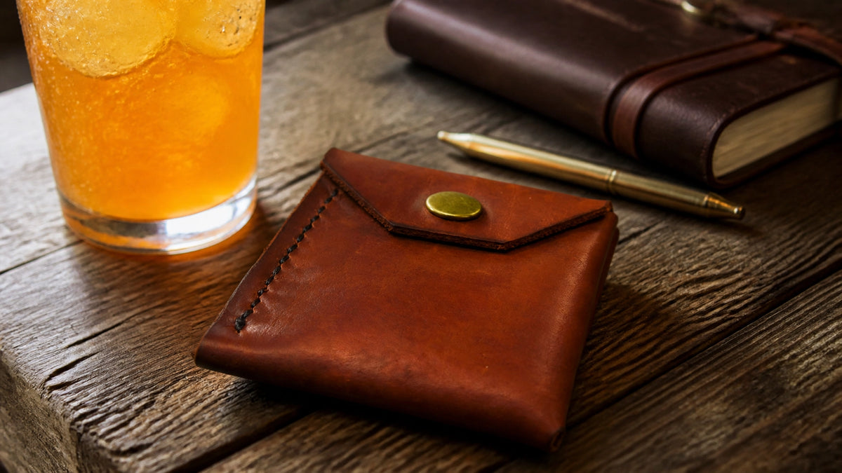 A handcrafted minimalist leather wallet on a rustic oak desk next to a cold glass of soda.