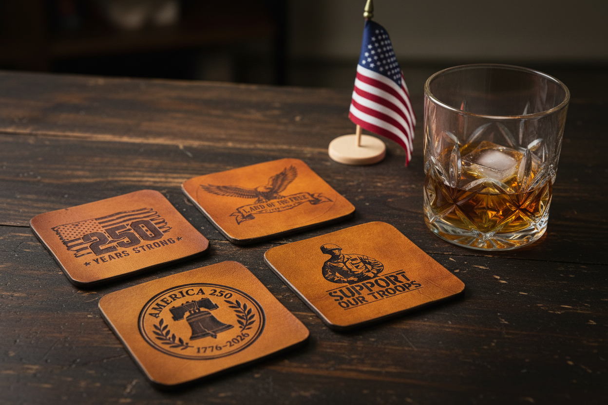 America 250 commemorative laser-engraved leather coaster set with Liberty Bell design, vegetable-tanned leather