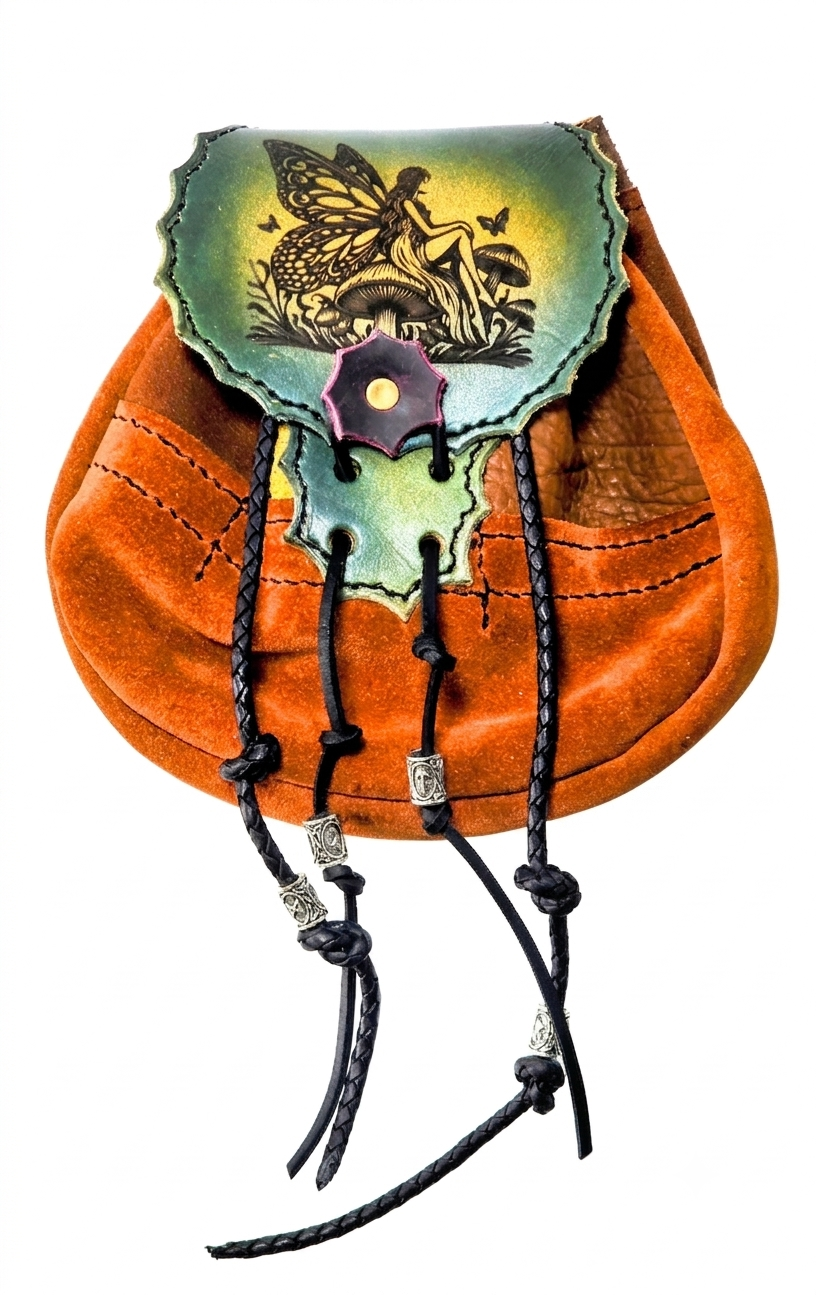 Fae-Stitch Satchel — handcrafted patchwork buffalo leather belt pouch with laser-engraved fairy and mushroom art, black braided leather lacing with silver beads