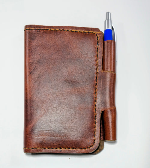 Mini leather journal cover - Handcrafted pocket leather notebook cover with pen loops.