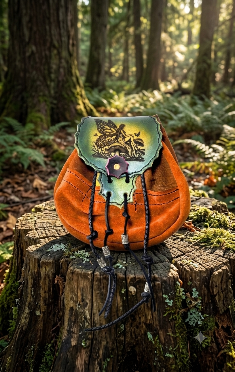 Fae-Stitch Satchel one-of-a-kind patchwork leather pouch resting on a mossy forest stump, fairy engraving visible on the flap