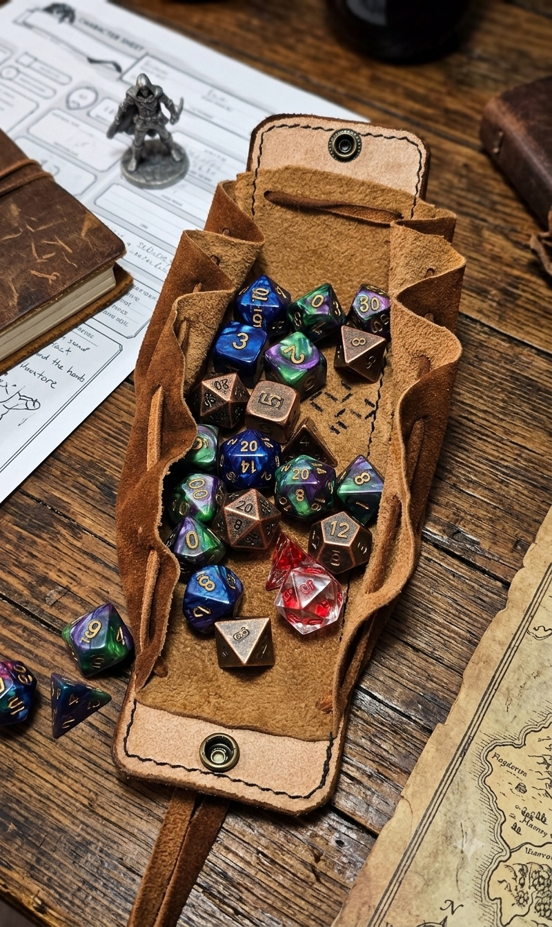 A tan leather roll-up pouch filled with multicolored polyhedral tabletop gaming dice, placed on a rustic wooden table with game-related props like a miniature figure, map, and notebook.