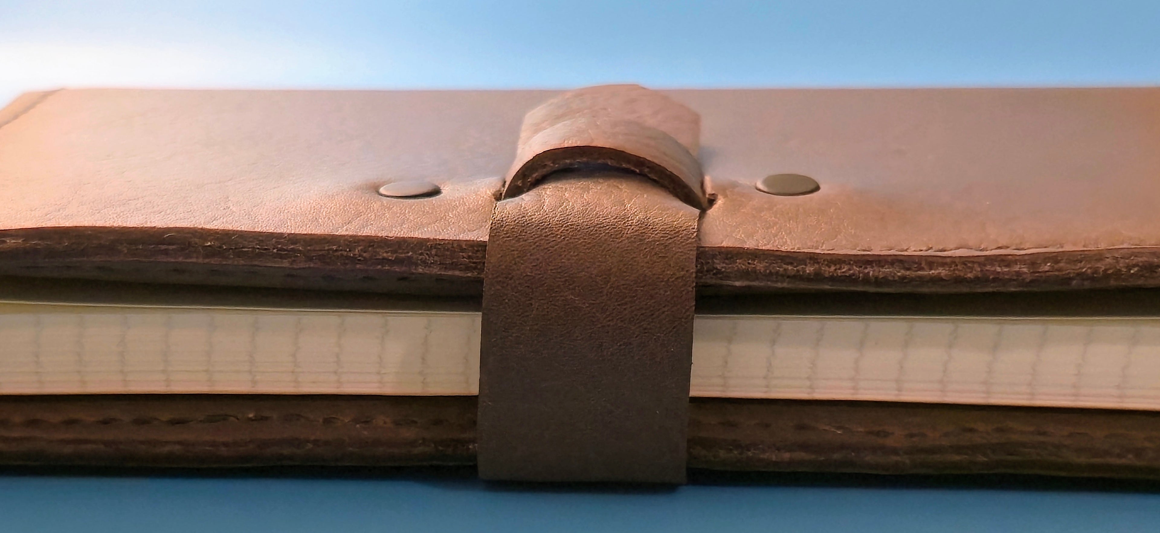 Close-up of a side view of brown embossed leather journal cover with a strap closure on a blue background