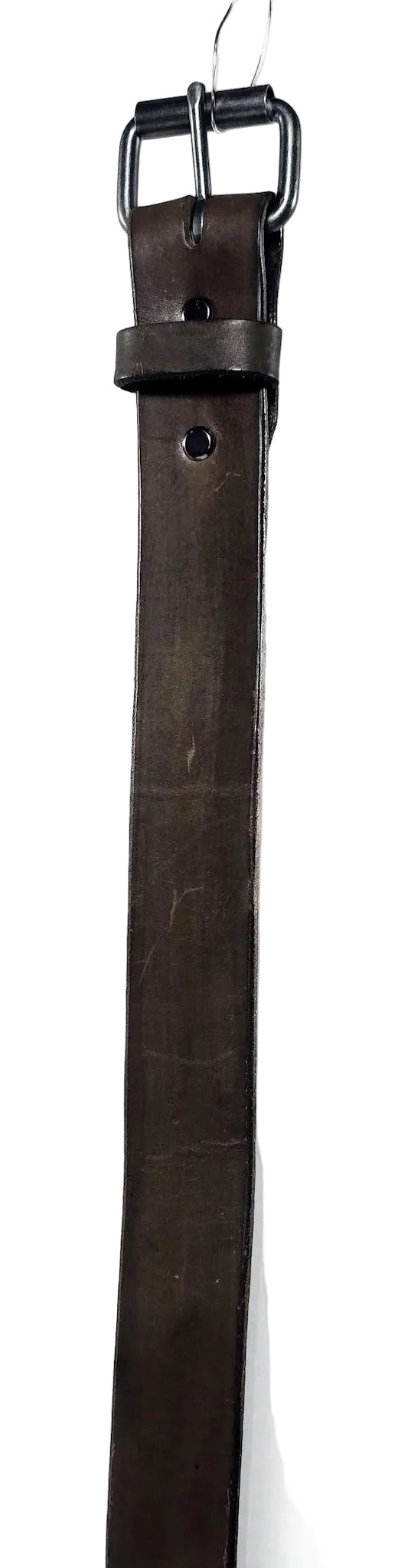 Chocolate brown leather belt shown with its antique brass buckle and full-grain leather surface